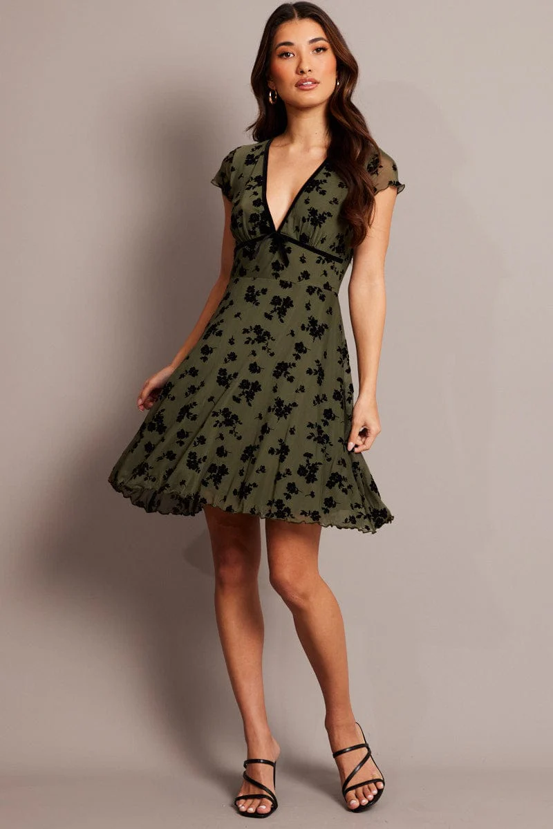 Green Ditsy Mini Dress Short Sleeve Burn out - Image 2