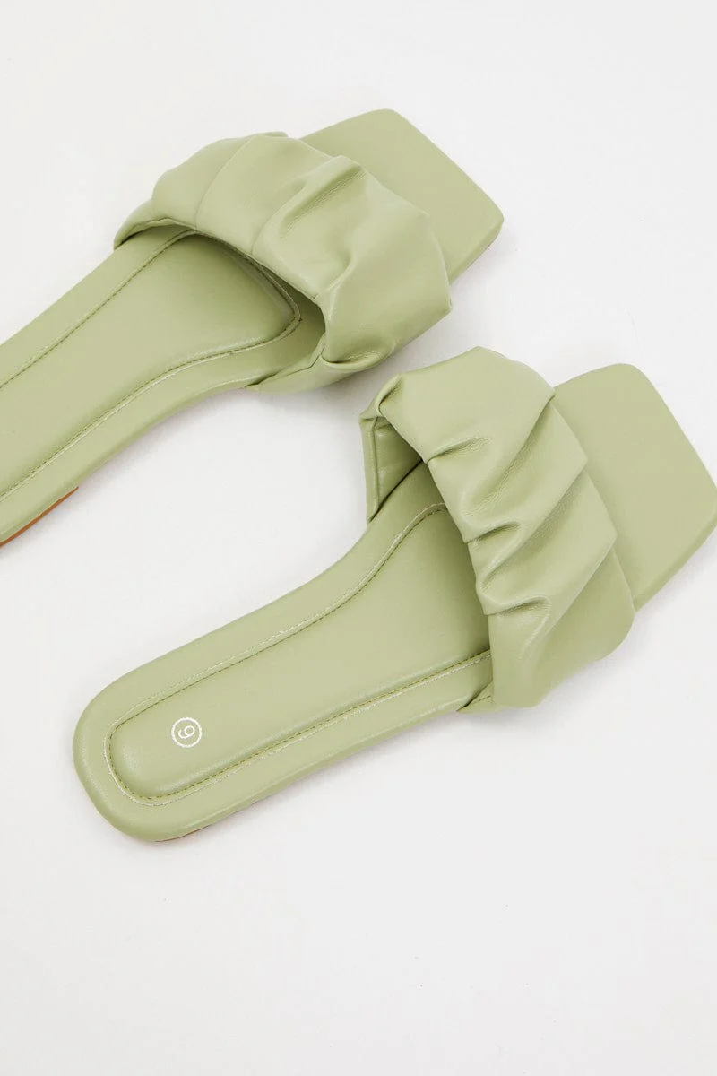 Green Faux Leather Ruched Flat Slides - Image 3
