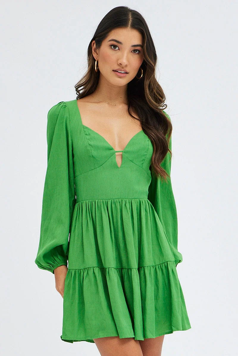 Green Fit And Flare Dress Long Sleeve Mini - Image 3