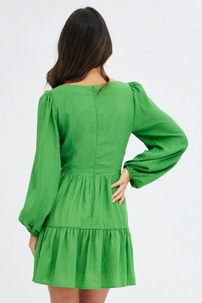Green Fit And Flare Dress Long Sleeve Mini - Image 5