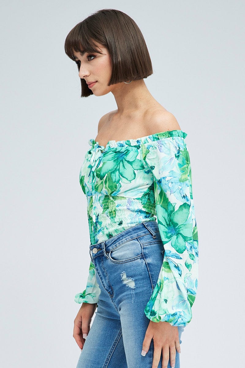 Green Floral Bodysuit Long Sleeve Floral Print - Image 4