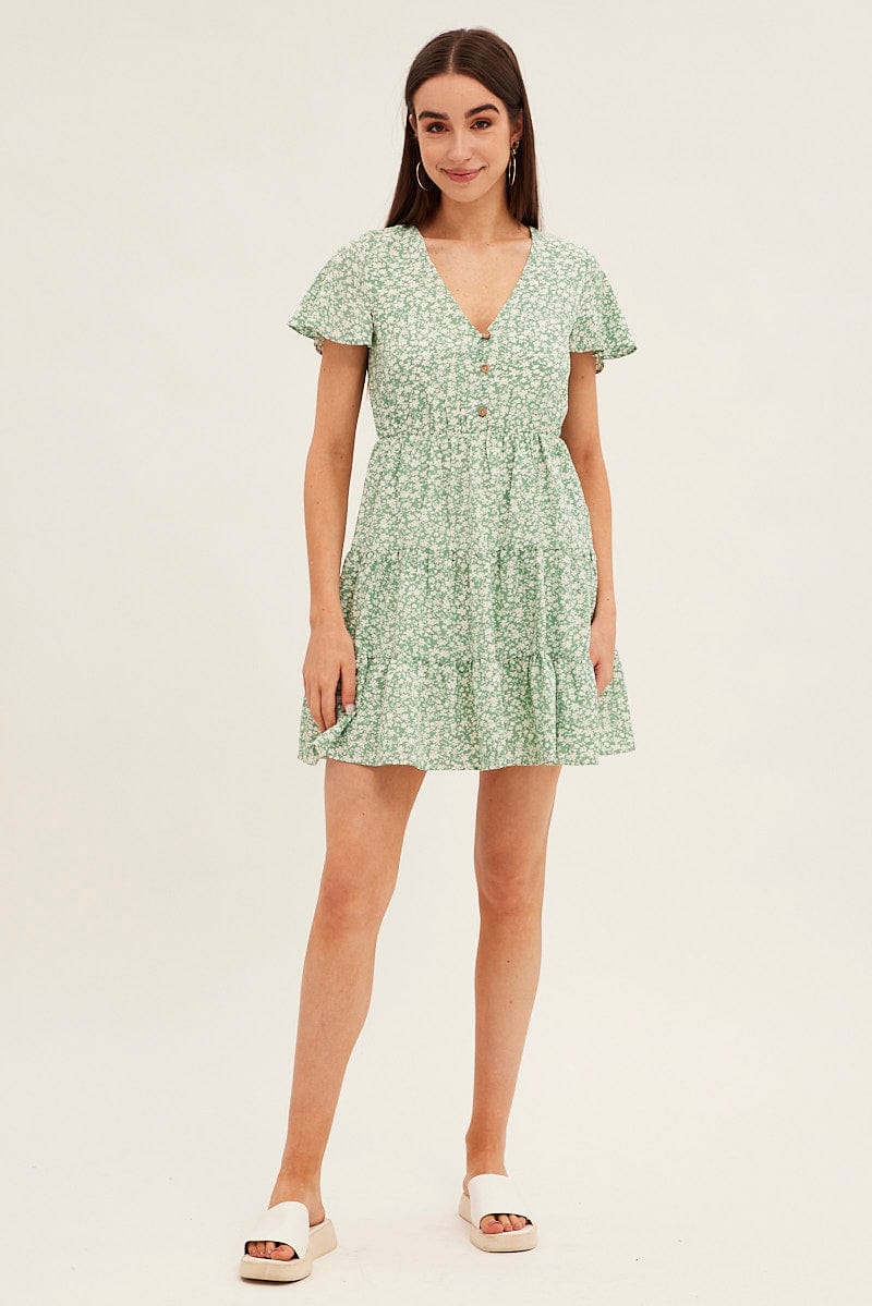 Green Floral Button Front Short Sleeve Mini Skater Dress - Image 2