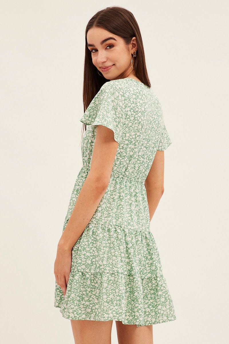 Green Floral Button Front Short Sleeve Mini Skater Dress - Image 5