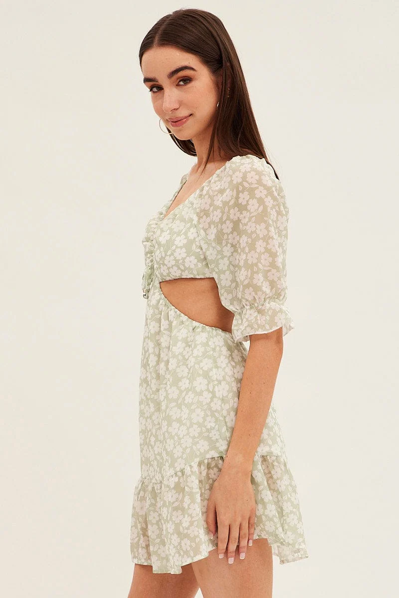 Green Floral Cutout Skater Dress - Image 4