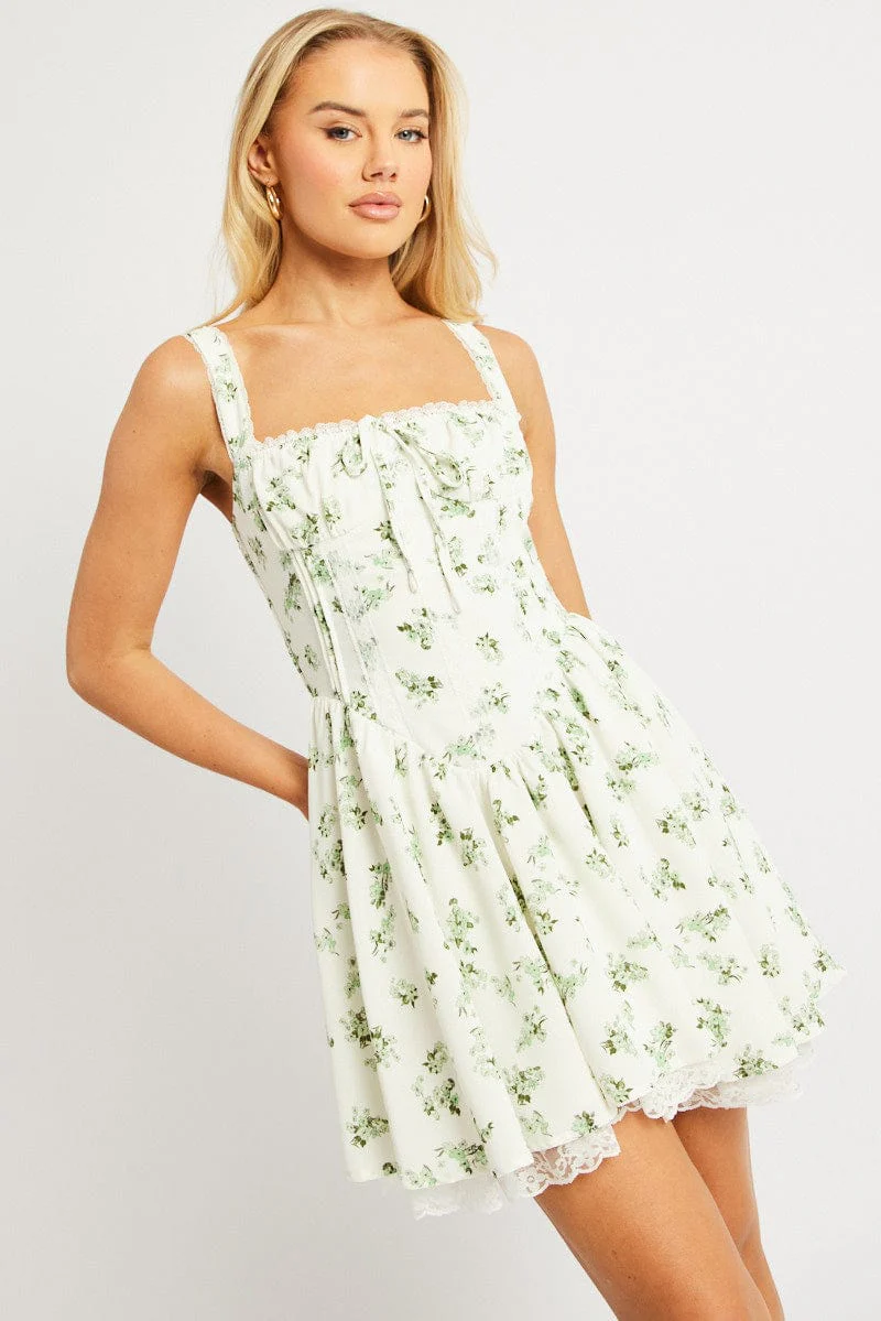 Green Floral Fit And Flare Dress Corset Detail Mini - Image 2