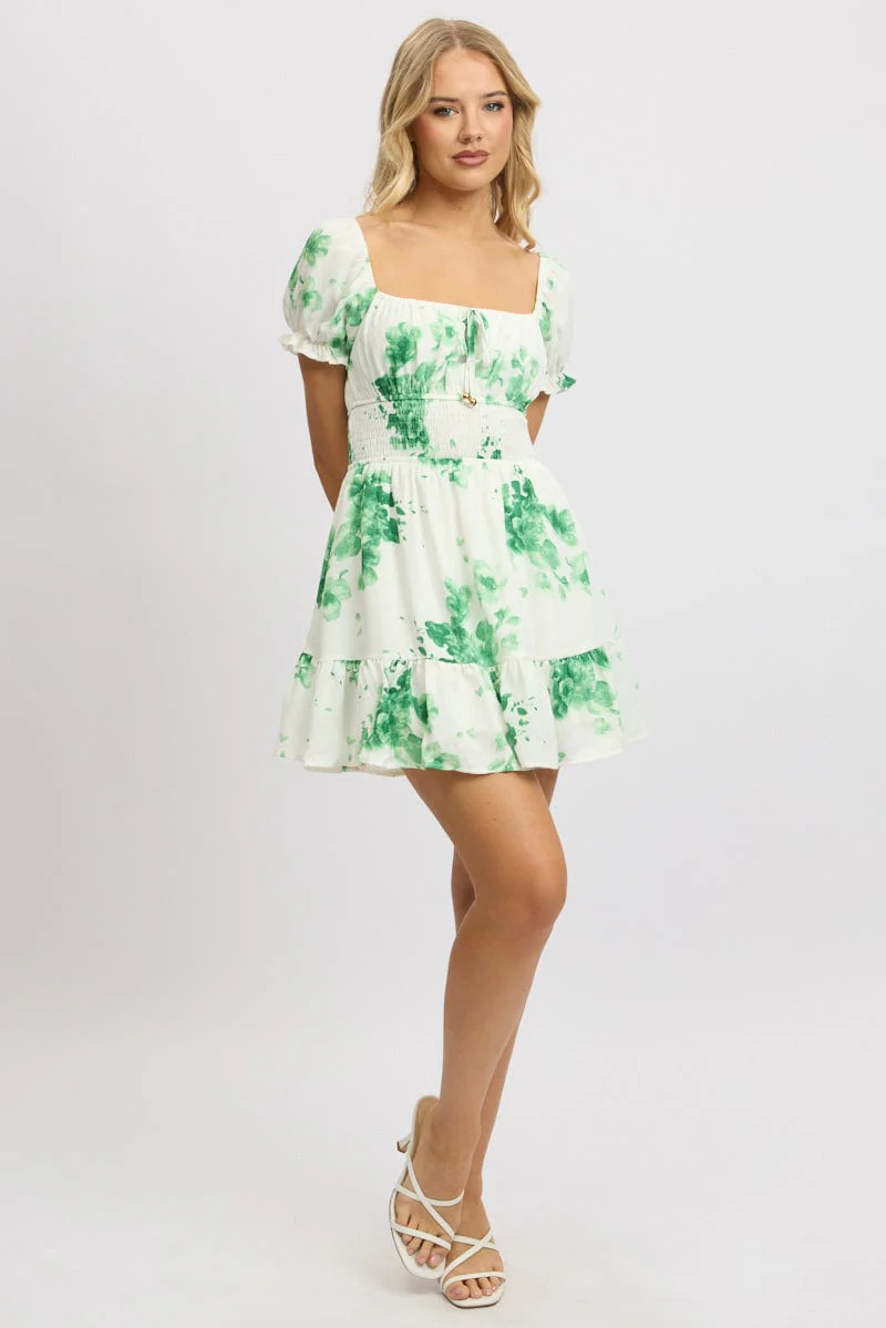 Green Floral Fit And Flare Dress Mini - Image 2