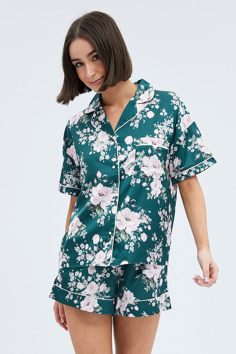 Green Floral Forest PJ Rose Floral Contrast Piping Pyjama Set - Image 3