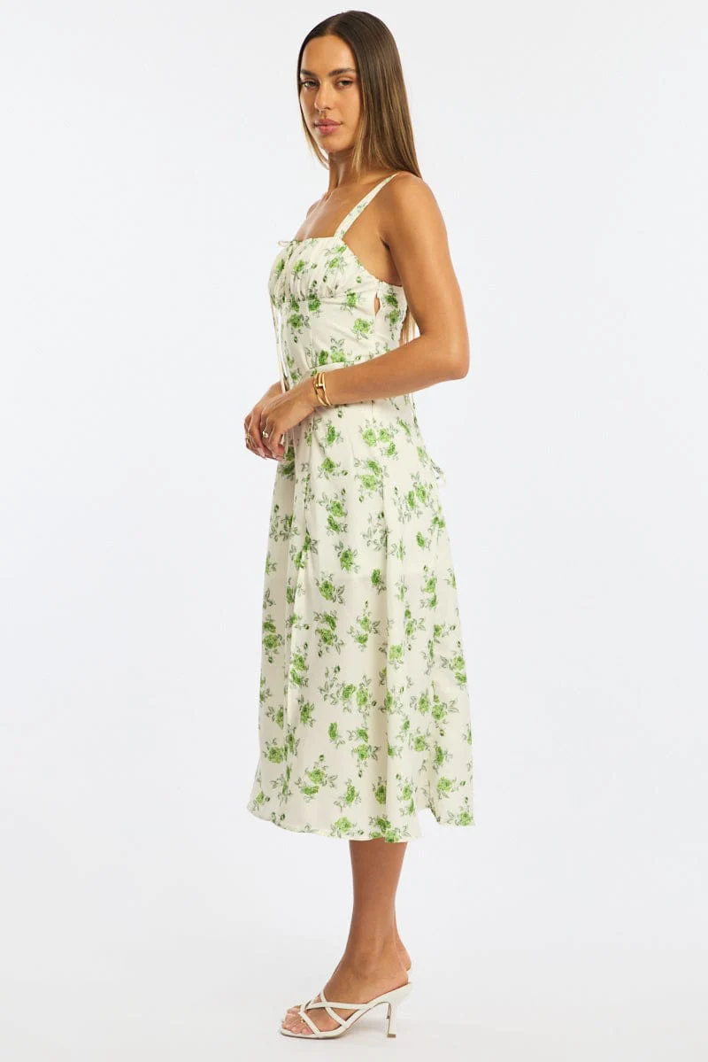 Green Floral Midi Dress Gathered Bust - Image 3