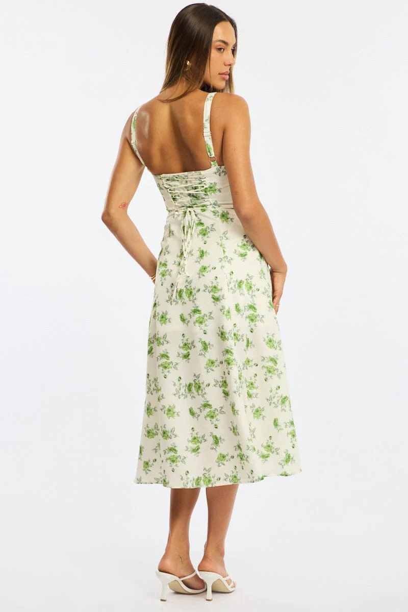Green Floral Midi Dress Gathered Bust - Image 4