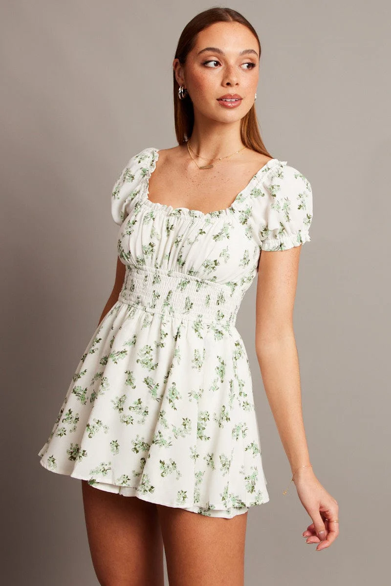 Green Floral Ruffle Playsuit Short Sleeve Ruched Bust - Image 2
