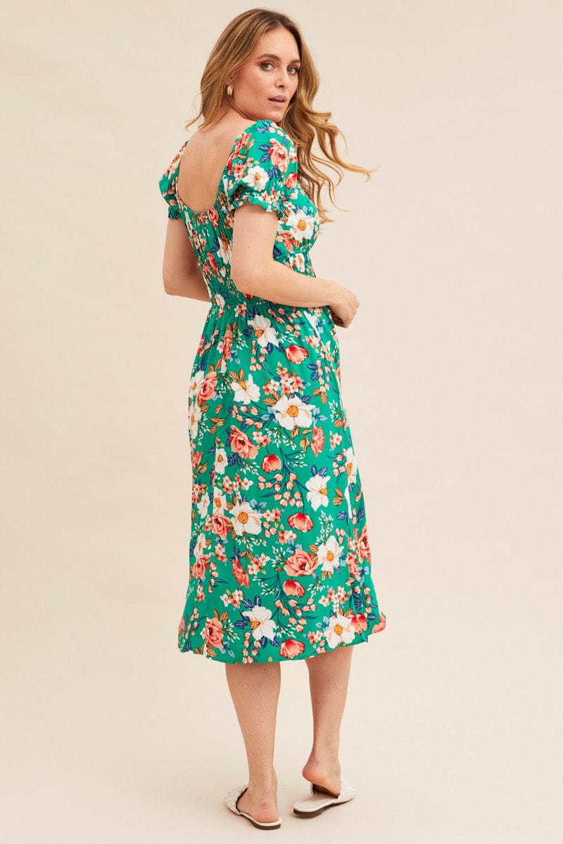 Green Floral Short Puff Sleeve Midi Slit Dress - Image 5