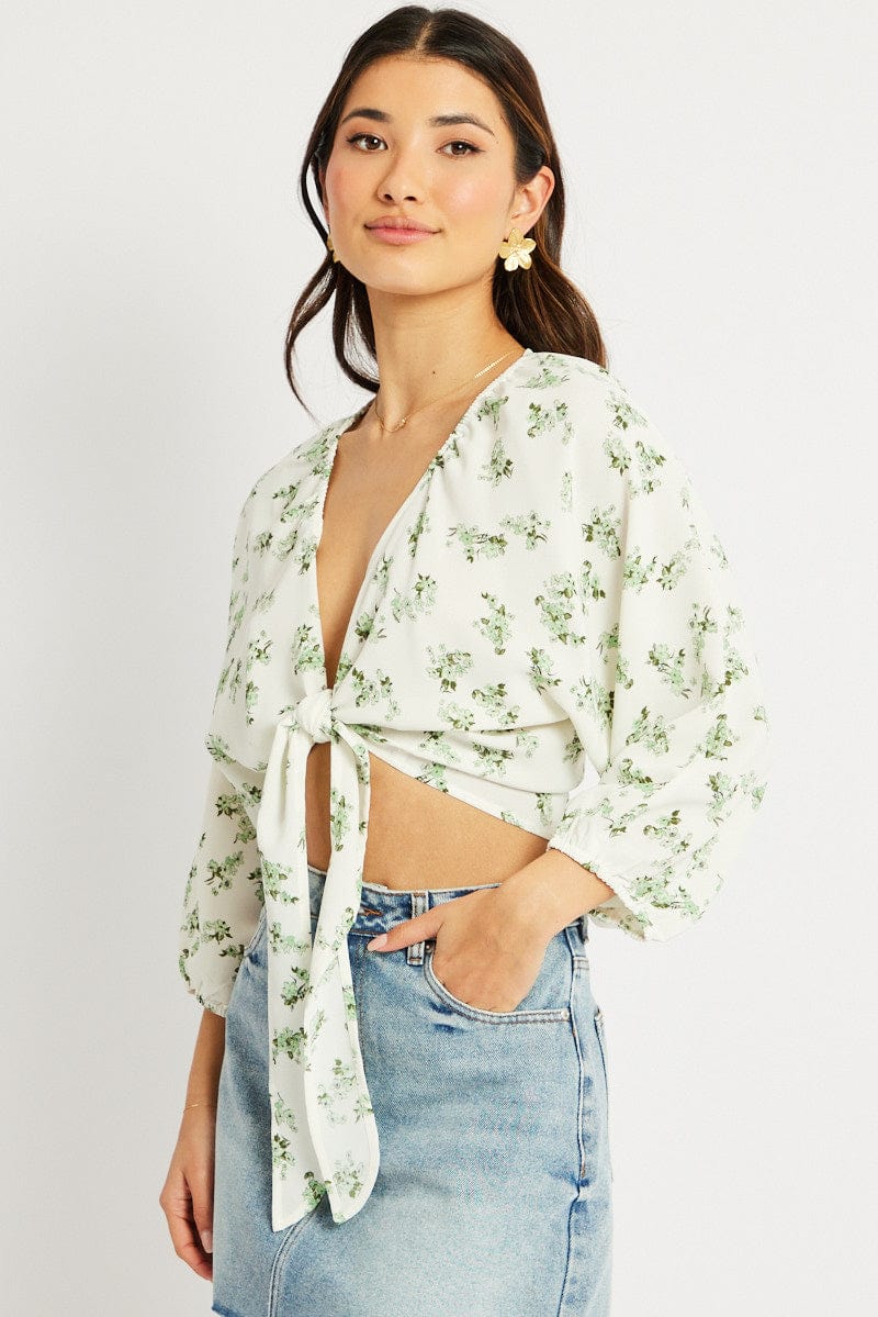 Green Floral Tie Front Bolero 3/4 Sleeve Crop - Image 4