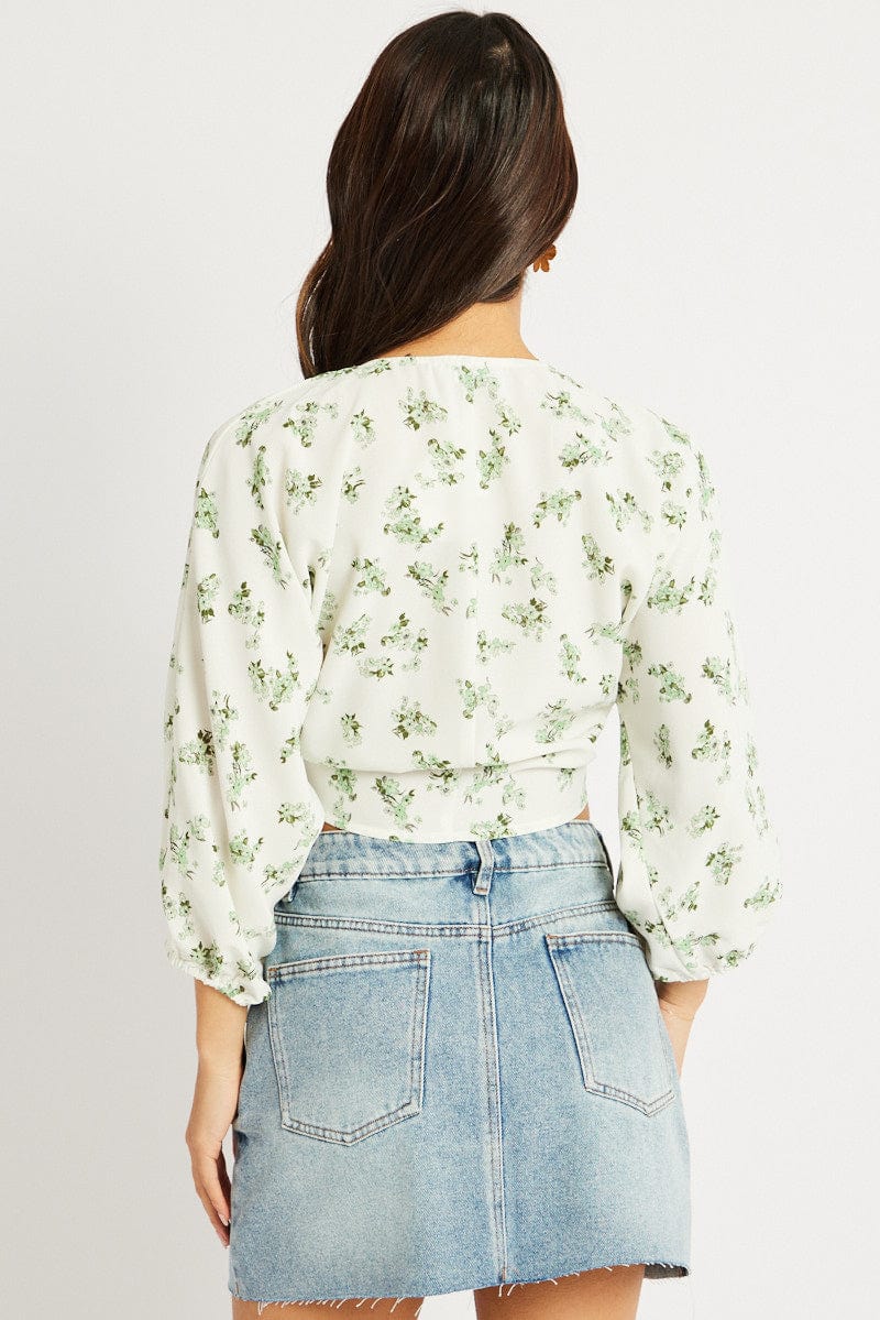 Green Floral Tie Front Bolero 3/4 Sleeve Crop - Image 5