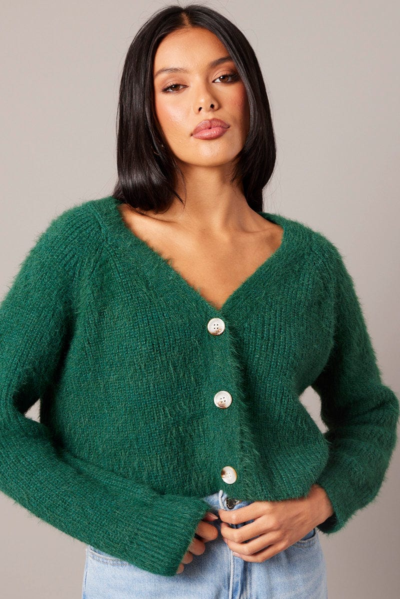Green Fluffy Knit Cardigan V Neck - Image 3