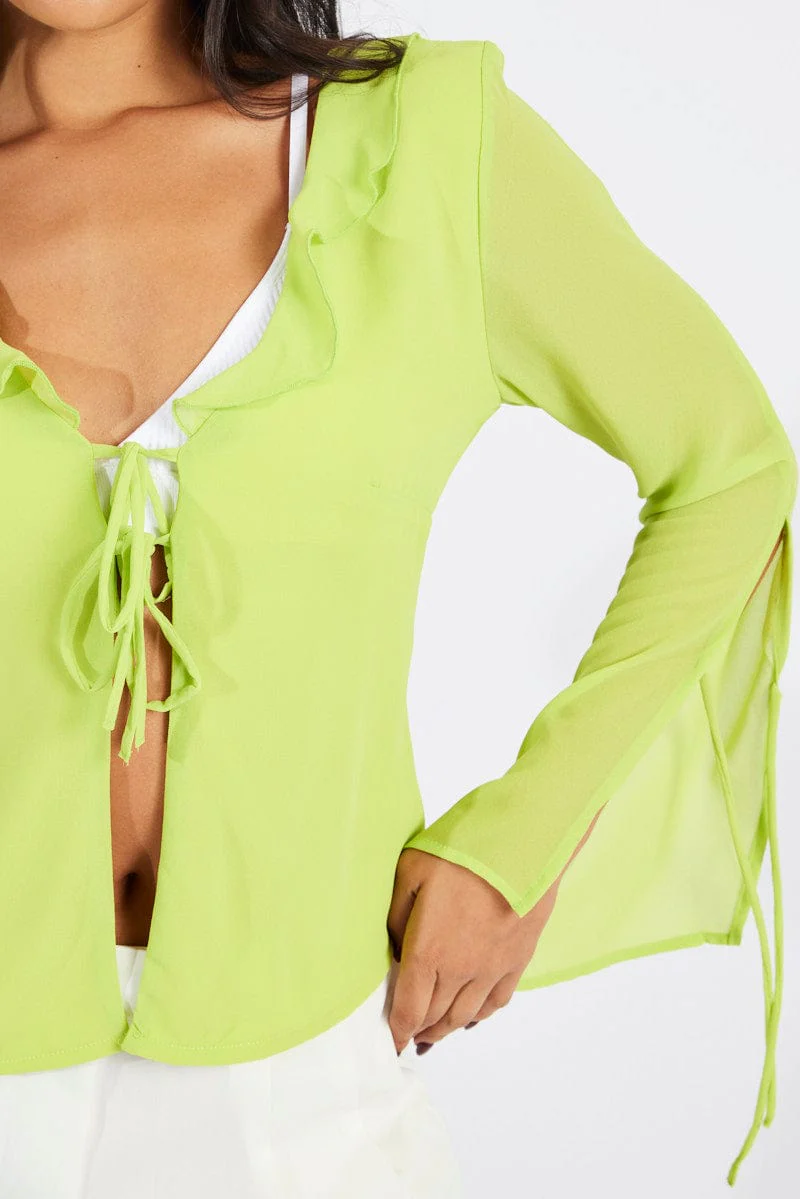 Green Frill Split Top Tie Front Long Sleeve - Image 6