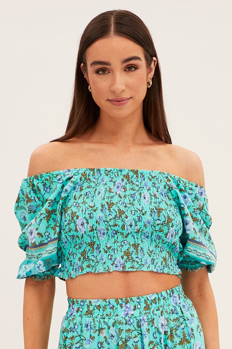 Green Frilled Hem Half Puff Sleeve Square Neck Crop - Image 3