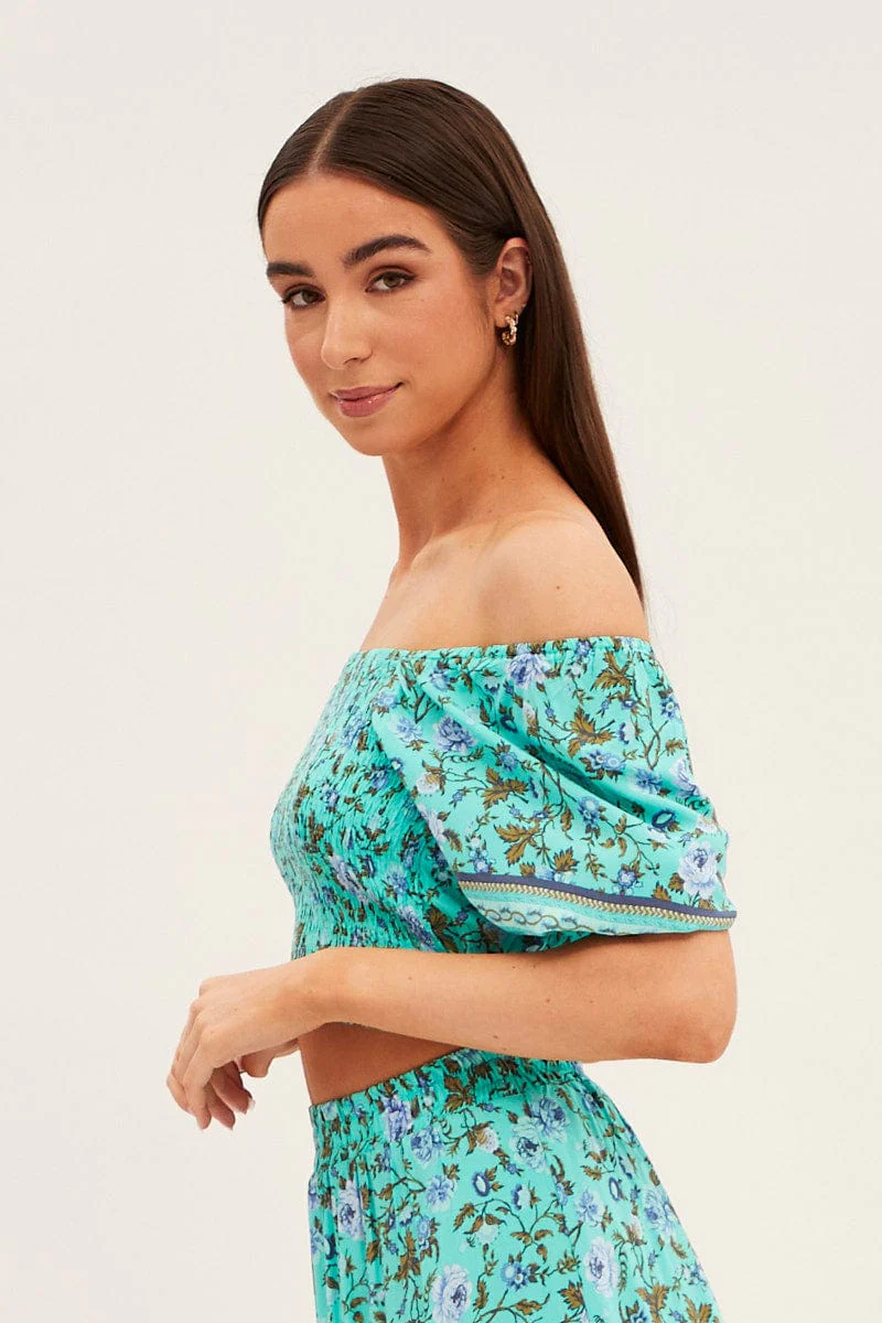 Green Frilled Hem Half Puff Sleeve Square Neck Crop - Image 4