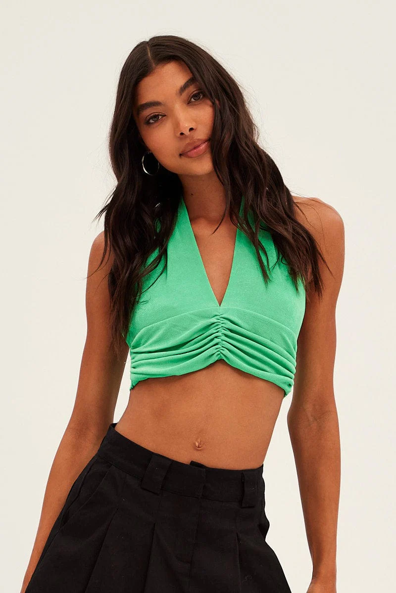 Green Front Ruched Halter Top - Image 3