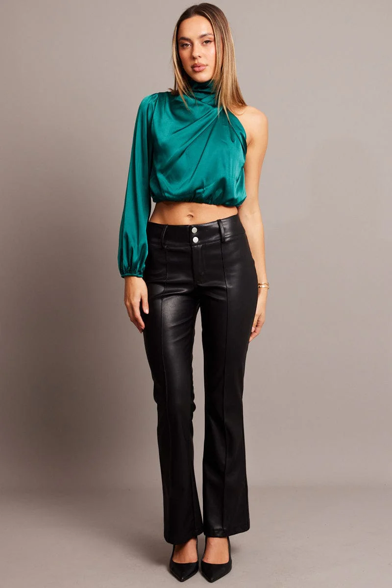 Green High Neck Blouse One Sleeve Asymmetric Top - Image 2
