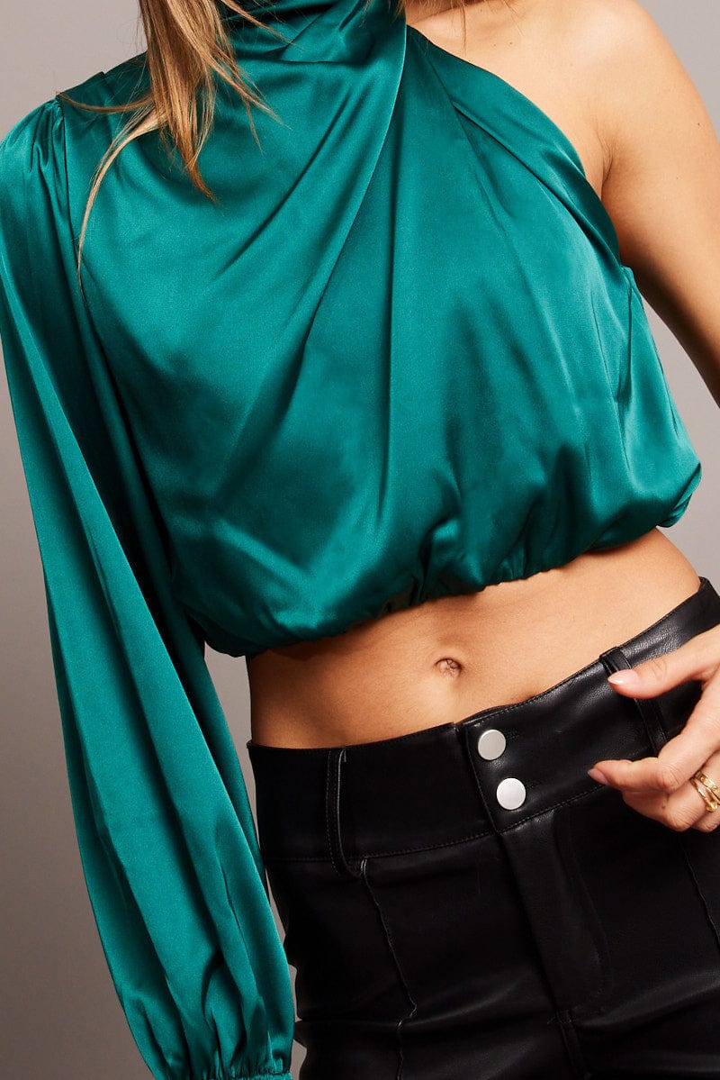 Green High Neck Blouse One Sleeve Asymmetric Top - Image 6
