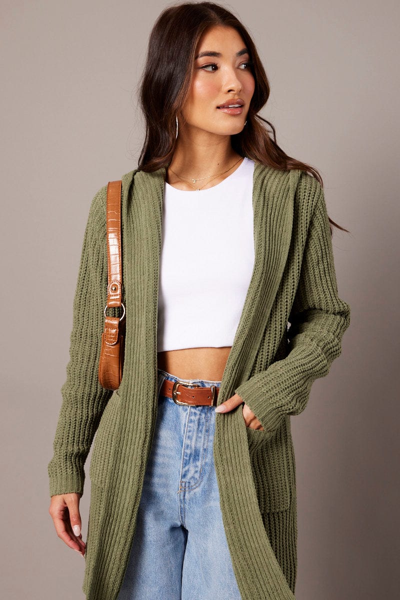 Green Knit Cardigan Hooded Longline Chenille - Image 3