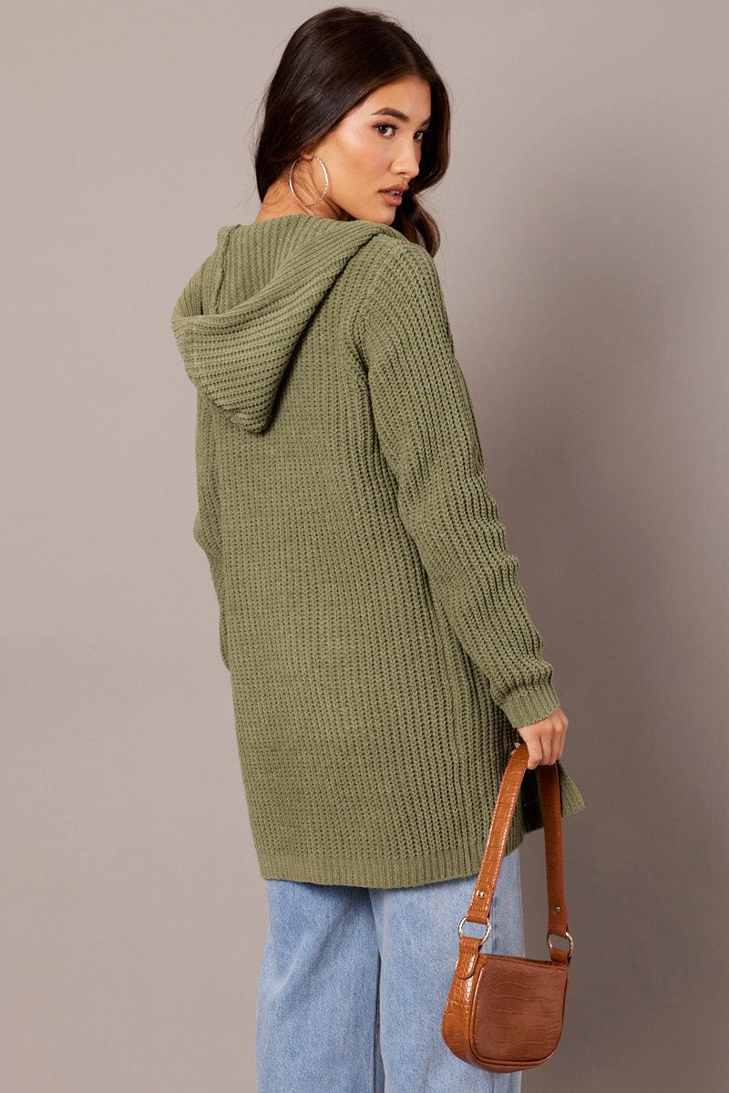 Green Knit Cardigan Hooded Longline Chenille - Image 5
