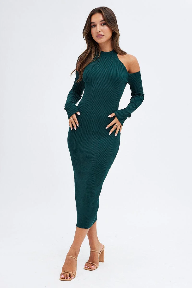 Green Knit Dress Cold Shoulder Mock Neck Midi Rib - Image 3