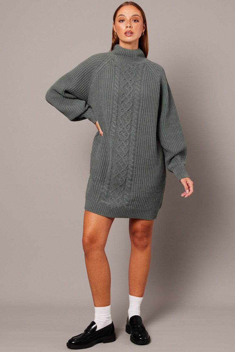 Green Knit Dress High Neck Oversized Chenille - Image 2