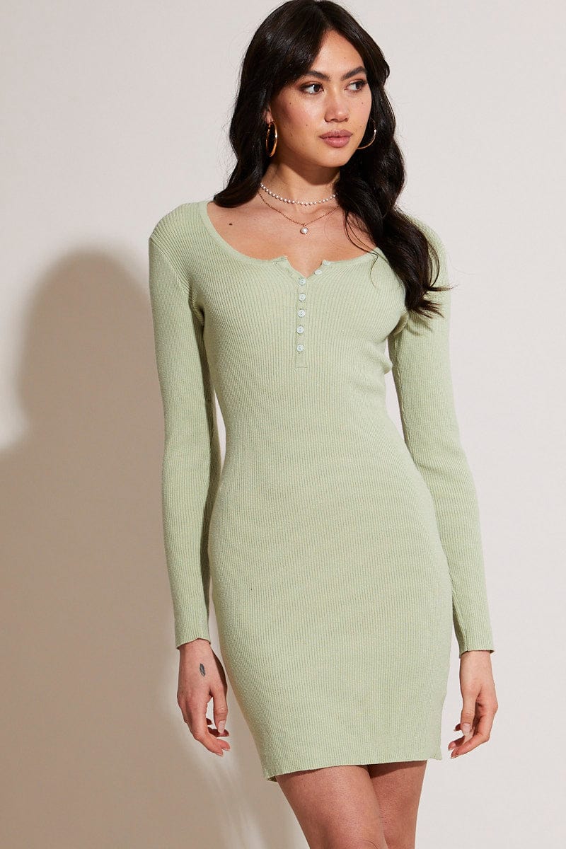 Green Knit Dress Long Sleeve Bodycon - Image 5
