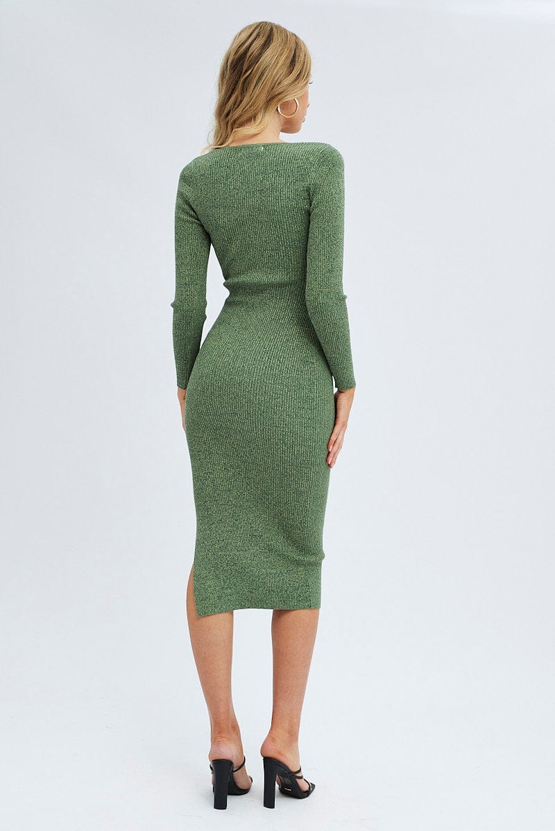Green Knit Dress Long Sleeve Midi - Image 5