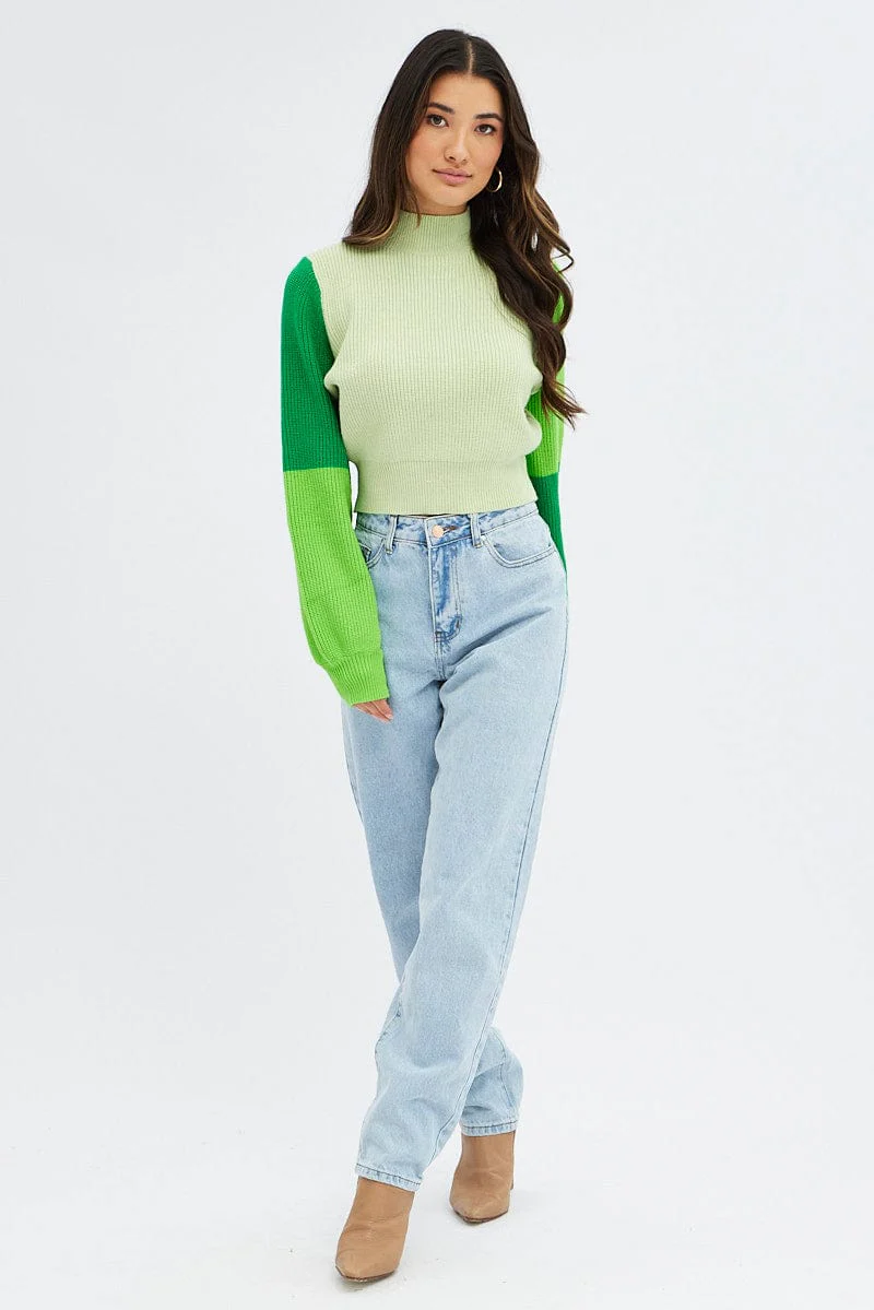 Green Knit Jumper Colour Block - Image 2