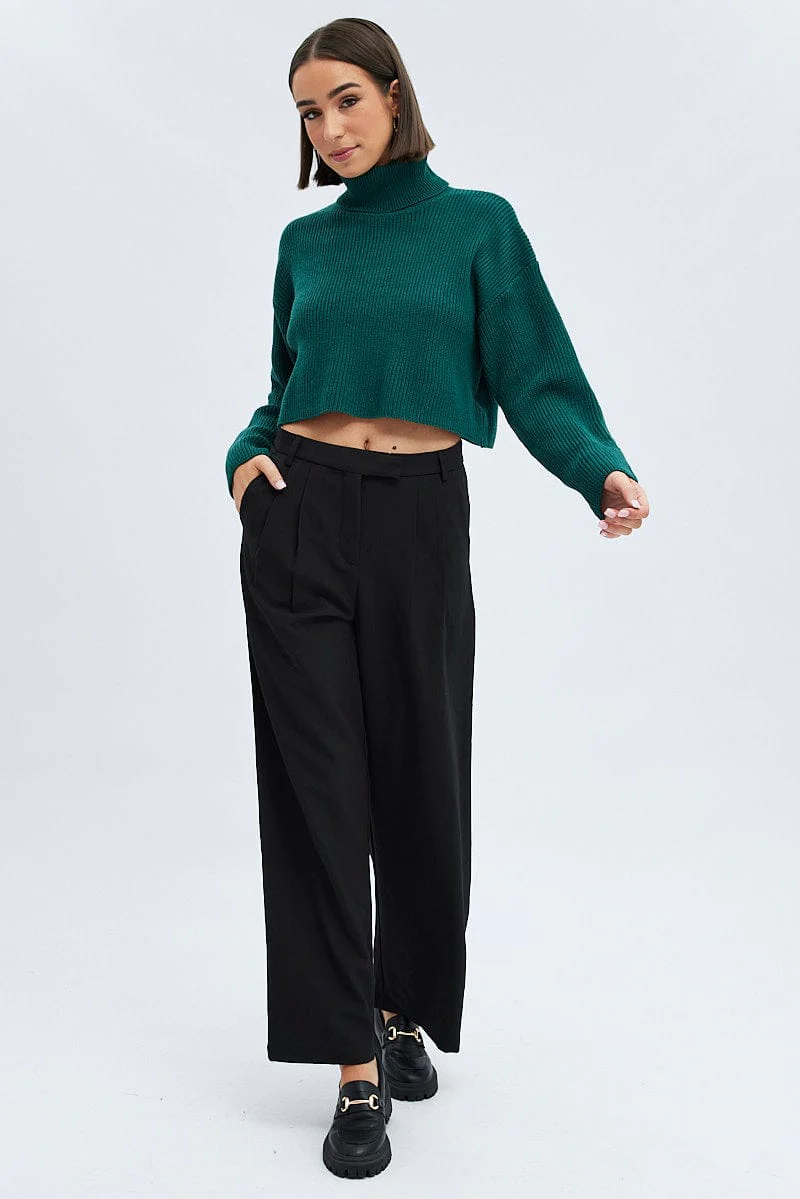Green Knit Jumper Turtle Neck Crop - Image 2