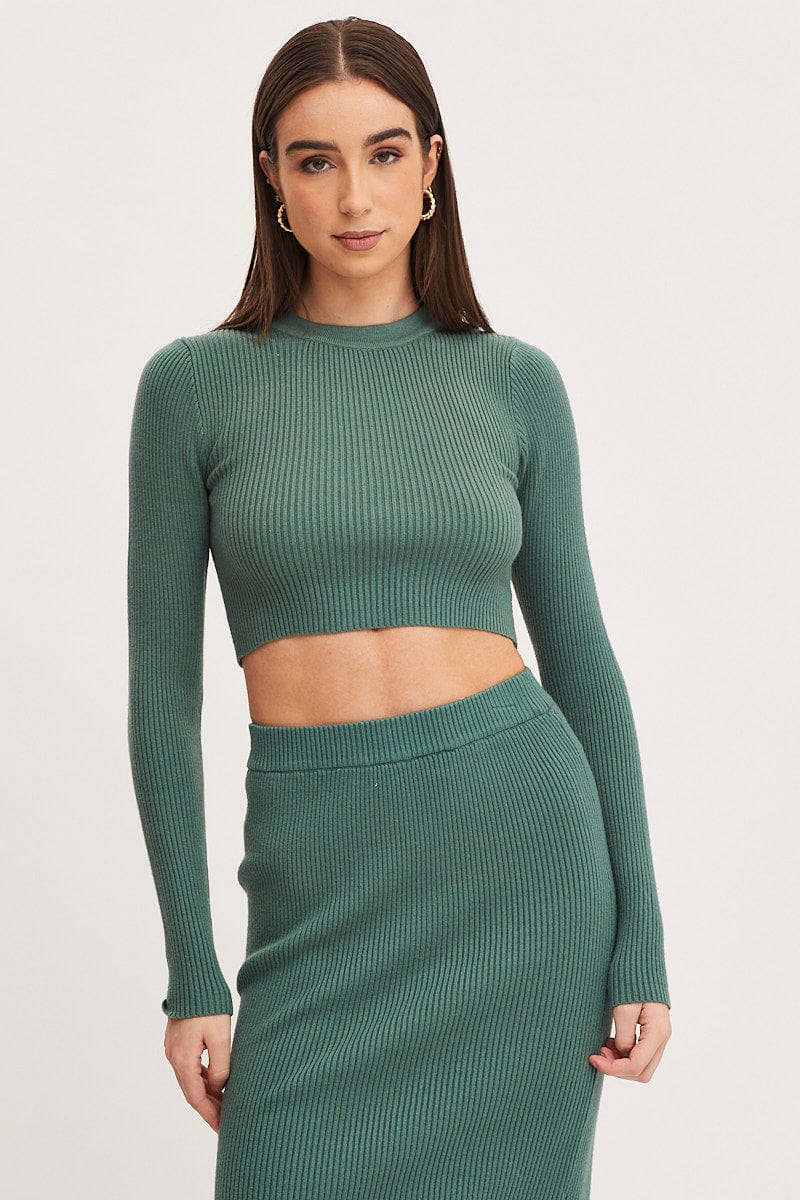 Green Knit Top Long Sleeve Crop