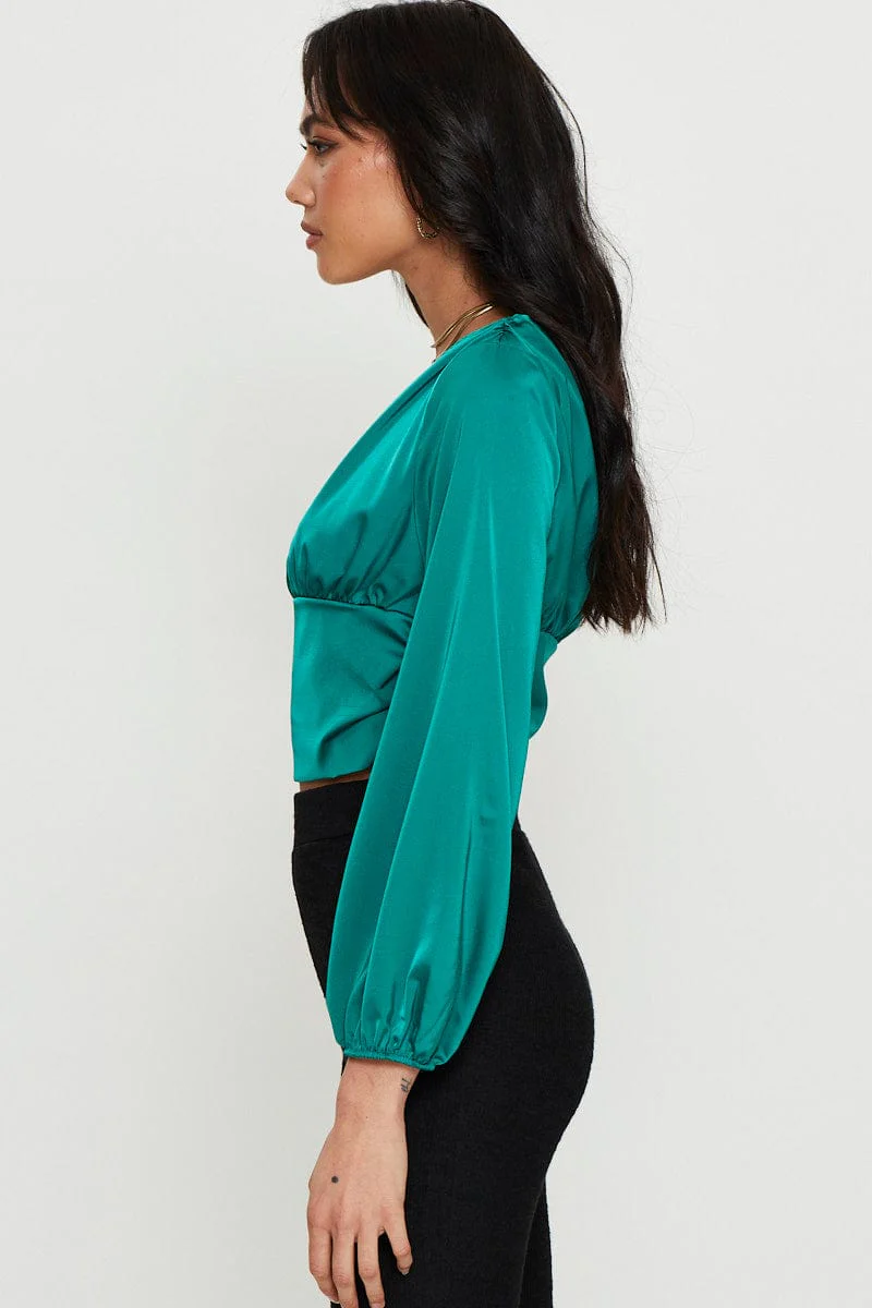 Green Long Sleeve Ruched Top - Image 3