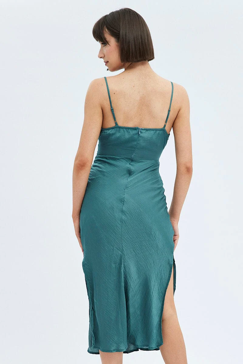 Green Maxi Dress Sleeveless Ruched Bust Satin - Image 5