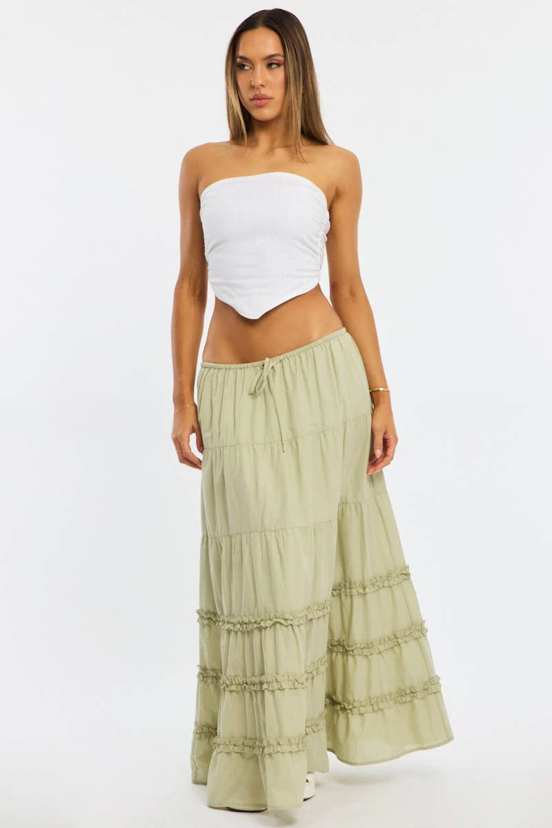 Green Maxi Skirt Elasticated Waist Tiered Frilled Detail