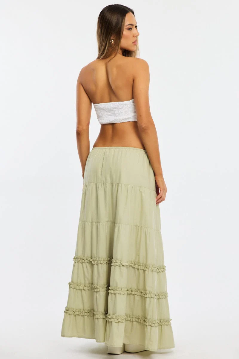 Green Maxi Skirt Elasticated Waist Tiered Frilled Detail - Image 4