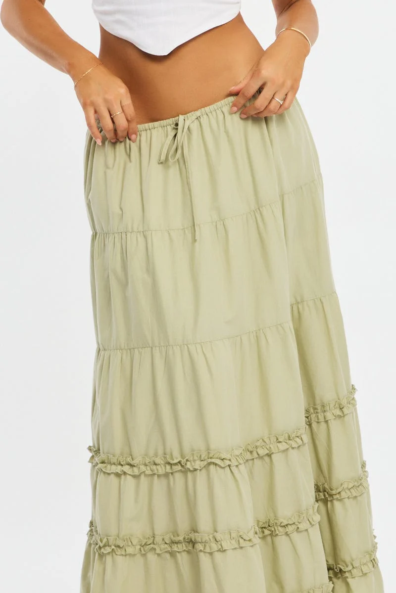 Green Maxi Skirt Elasticated Waist Tiered Frilled Detail - Image 5