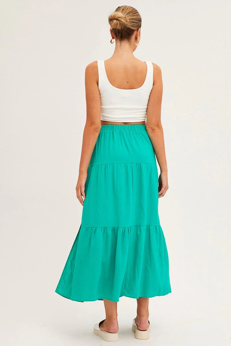 Green Maxi Skirt High Waist Split Tiered - Image 5