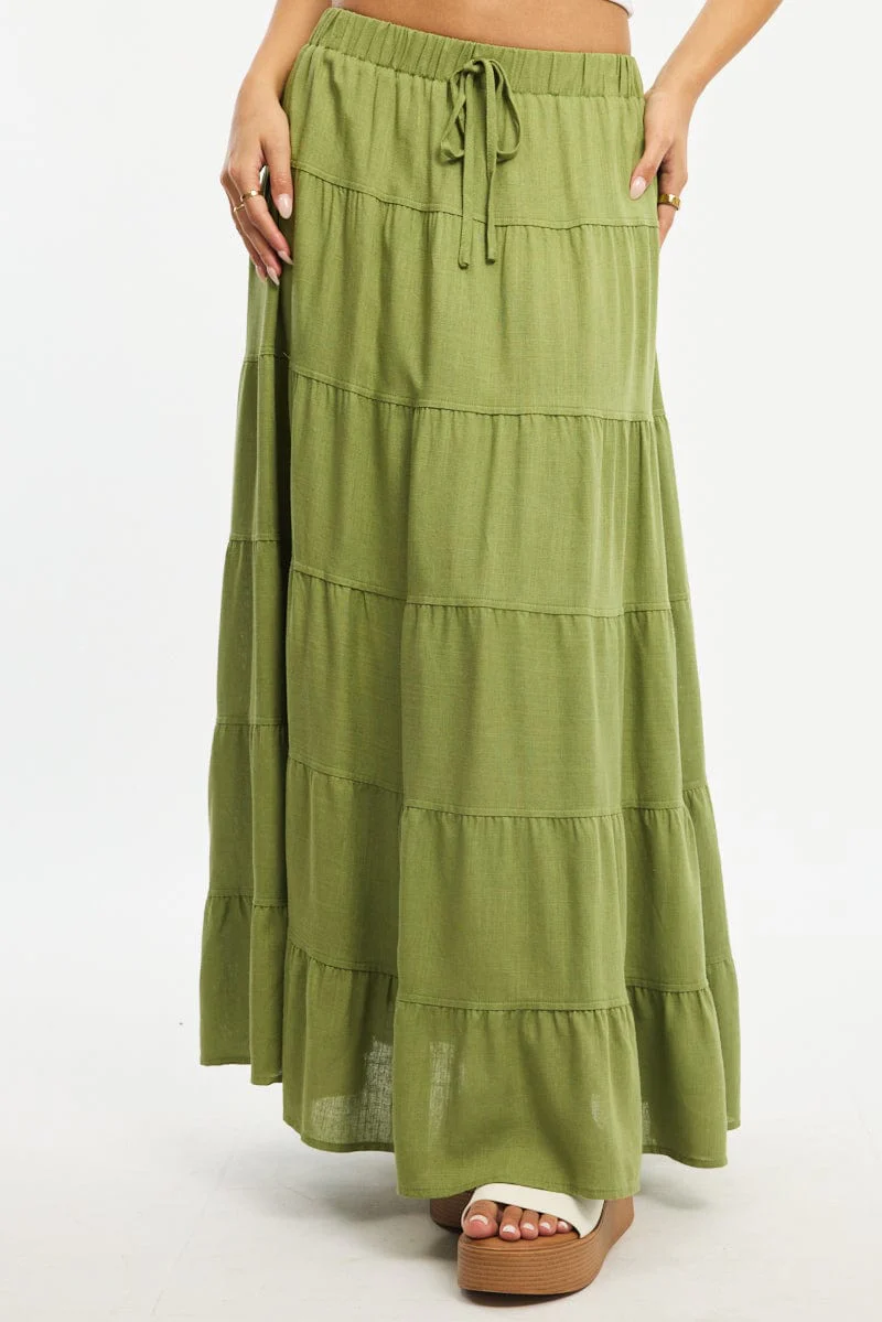 Green Maxi Skirt Tiered High Rise Linen Blend - Image 2