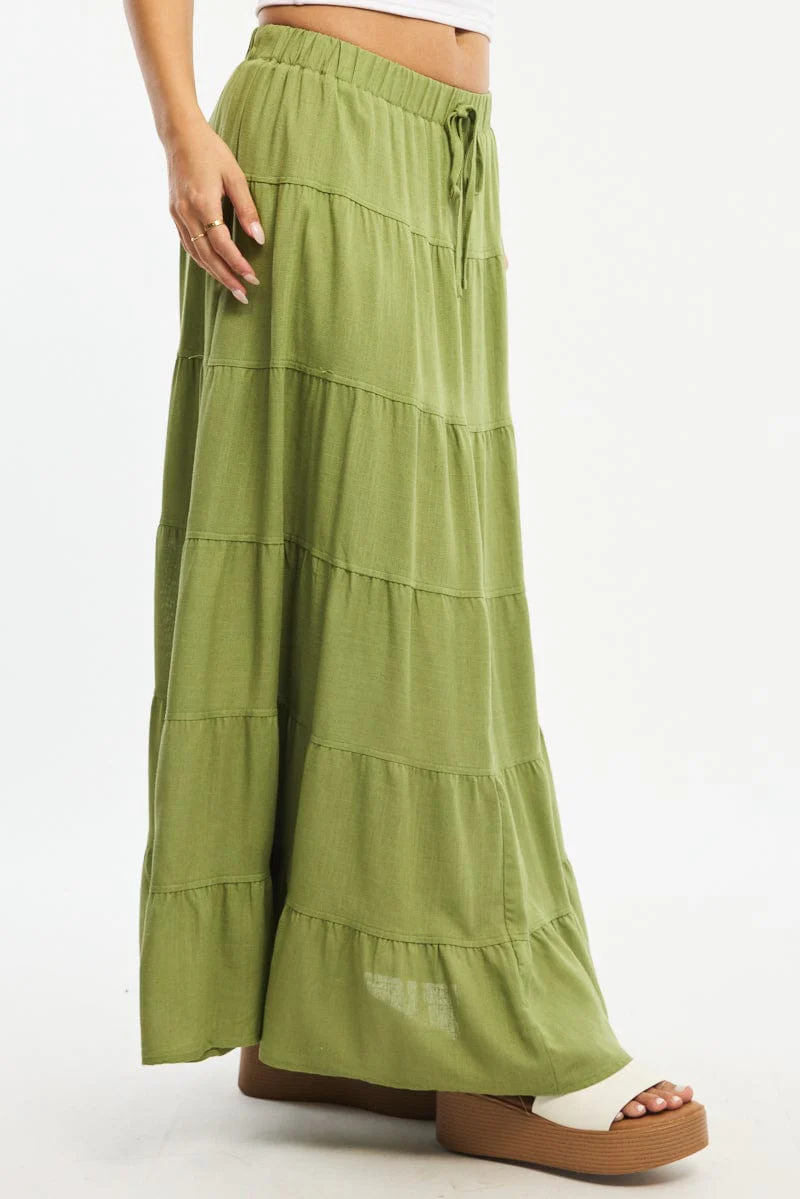 Green Maxi Skirt Tiered High Rise Linen Blend - Image 3