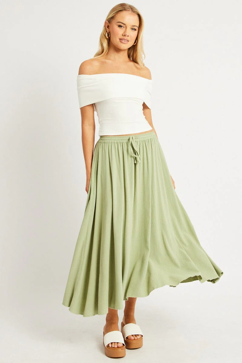 Green Midaxi Skirt High Rise Volume Linen Blend - Image 2
