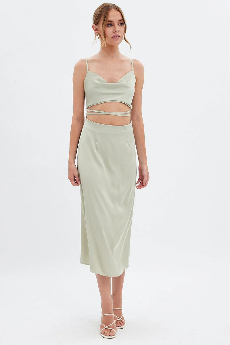 Green Midi Dress Cowl Neck Satin - Image 3