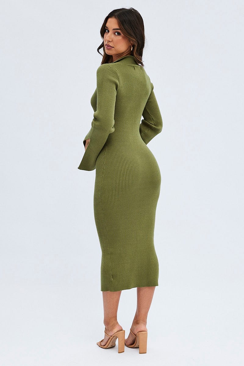 Green Midi Dress Long Sleeve V-Neck Collared Knit - Image 5