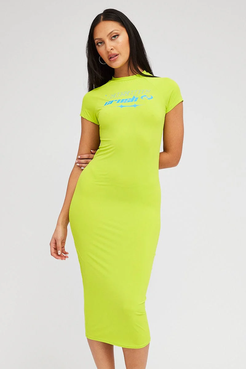 Green Midi Dress Short Sleeve Crew Neck Bodycon Graphic - Image 2