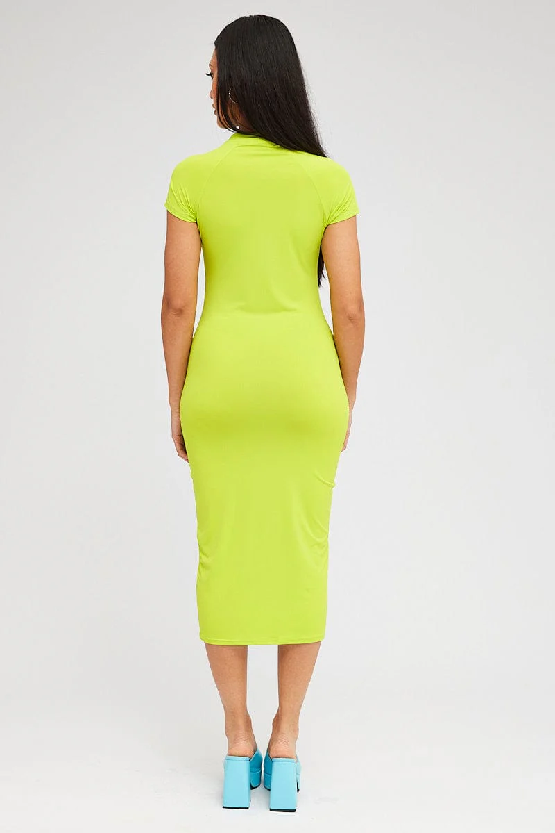 Green Midi Dress Short Sleeve Crew Neck Bodycon Graphic - Image 5