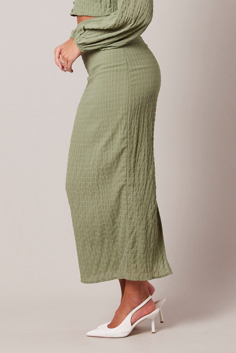 Green Midi Skirt High Rise Textured Fabric - Image 4