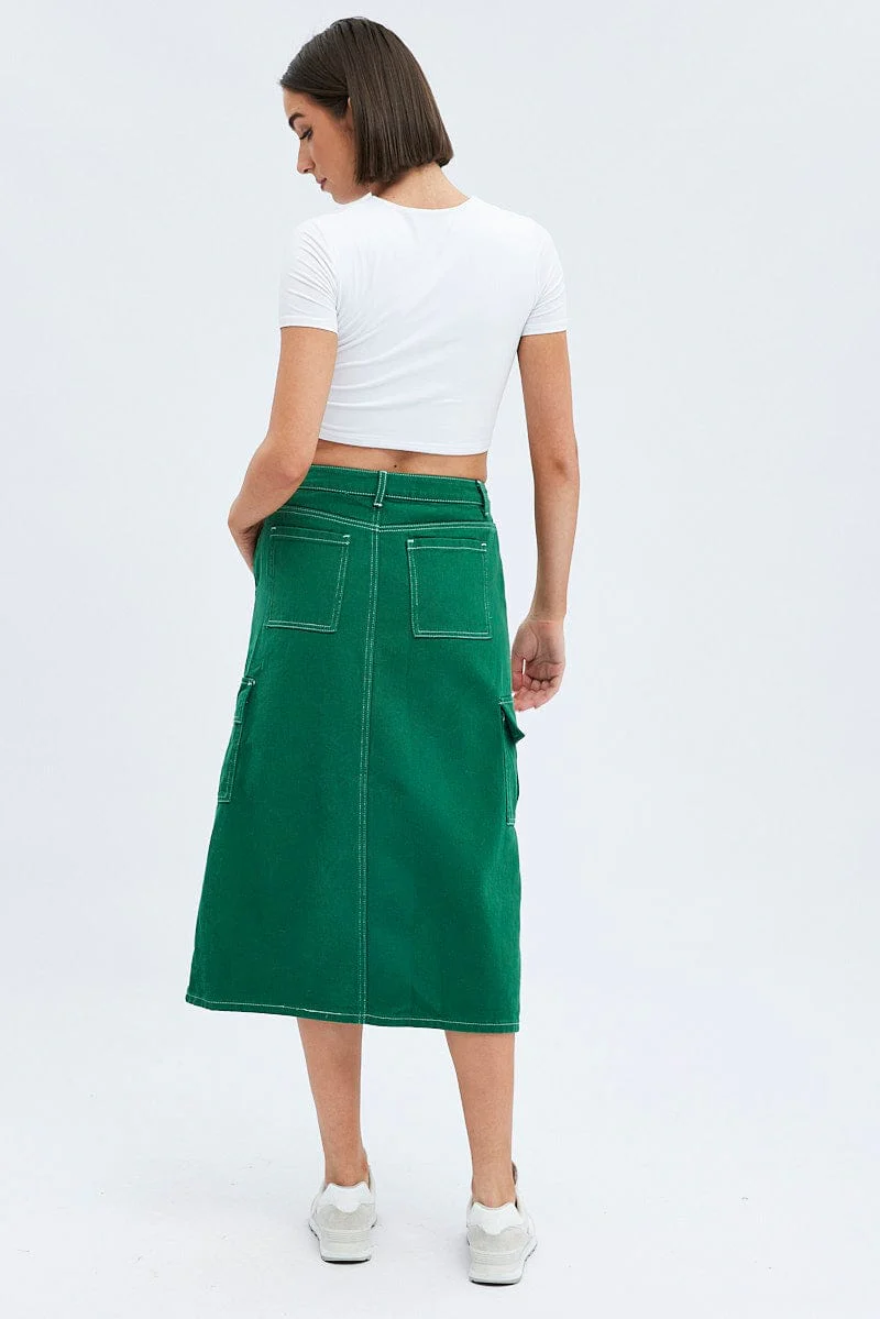 Green Midi Skirt Mid Rise A-line Cargo Contrast Stitch - Image 5