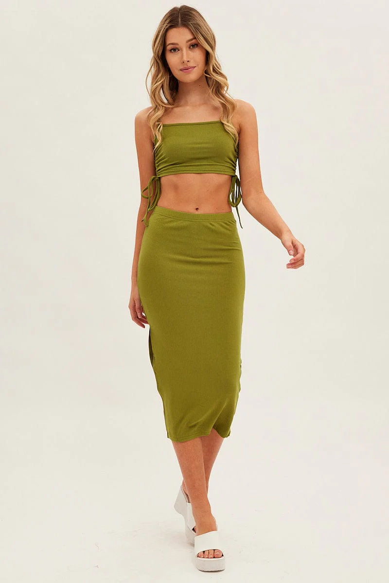 Green Midi Skirt Rib Jersey Side Slit Midi - Image 3