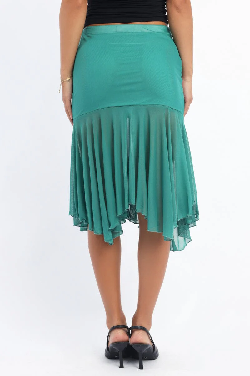 Green Midi Skirt Scarf Hem Asymmetric Mesh Lined - Image 4